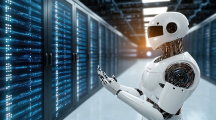 A humanoid robot stands in a data center, observing its surroundings, showcasing the integration of AI technology in contemporary environments