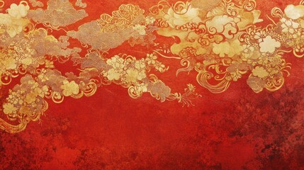 Abstract Chinese background with intricate cloud and floral motifs in gold on red, creating a cultural atmosphere, isolated on white