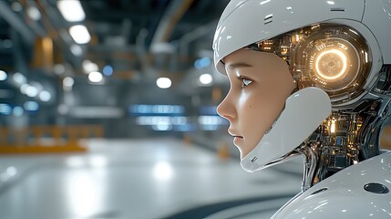 A humanoid robot stands in a data center, observing its surroundings, showcasing the integration of AI technology in contemporary environments