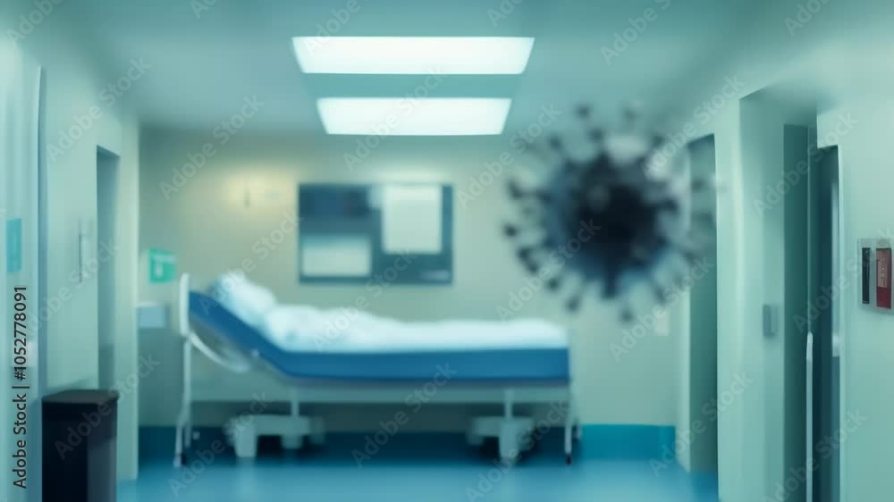 Poster microscopic view of a dangerous virus floating in a hospital corridor, causing pandemic disease and 