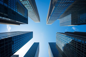 A view of skyscrapers from the ground, showcasing modern architecture.
