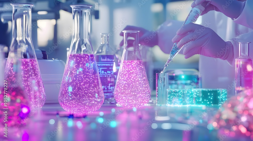 Poster scientist working with lab flasks