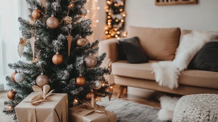 Christmas gifts under a tree inside a house in December