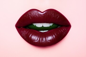 Obraz premium closeup of burgundy lips with lipstick dividing the mouth and tongue.