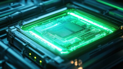 A green microchip glows on a futuristic circuit board, highlighting modern technology, electronics, and digital innovation in a high-tech 3D environment.