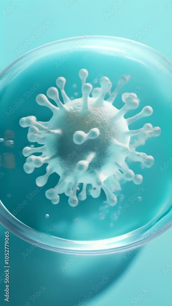 Poster microscopic view of a coronavirus particle growing inside a petri dish filled with turquoise liquid,