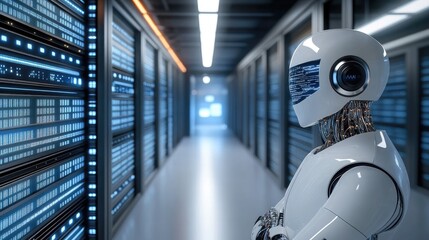 A humanoid robot stands in a data center, observing its surroundings, showcasing the integration of AI technology in contemporary environments