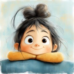 cartoon girl big smile face renaissance streaming lying bed blanket hair tied bun bedroom fluffy cute bright afternoon drawing diffuse
