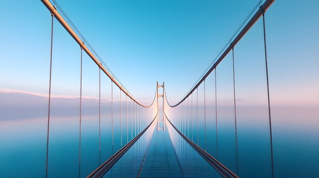 Sleek suspension bridge captured from below, emphasizing the tension in cables with a vibrant blue sky backdrop, perfect for civil engineering advertisements