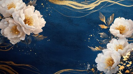 Abstract Korean background featuring delicate peonies and gold accents on royal blue, capturing cultural elegance, isolated on white