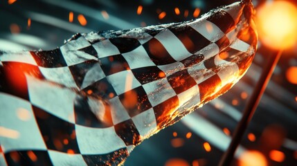 The dramatic checkered flag flies at the finish line, symbolizing speed, victory and the winning spirit of motorsports amidst the sparks and movement.