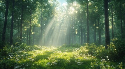 Obraz premium Serene forest with sunlight filtering through trees and flowers.