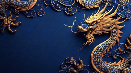 Chinese abstract with intricate dragon patterns in gold on a rich blue background, isolated on white