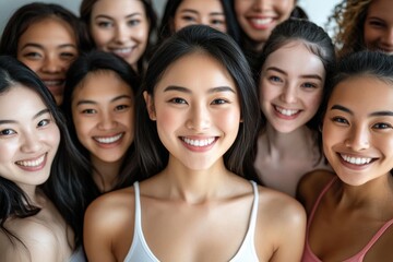 Obraz premium Three young women different of Asian Caucasian Black ethnicities stand together with glowing smiles, representing the power of friendship.