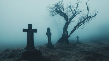 Eerie halloween wallpaper haunting old gravestones in a misty landscape