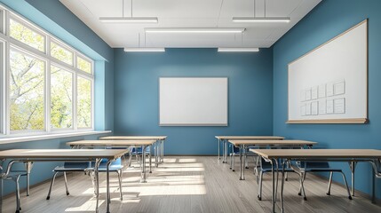 Fototapeta premium Empty classroom with desks, chairs, whiteboard, and large window.