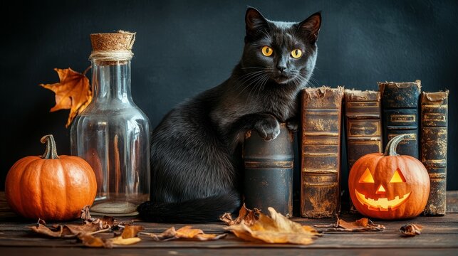 Enchanting halloween wallpaper featuring potion bottles black cats and festive decor