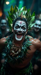 A man in traditional Polynesian attire with a fierce expression, adorned with a lei and a painted face.