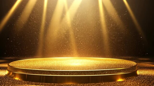 A golden platform sits under spotlights on a shimmering surface