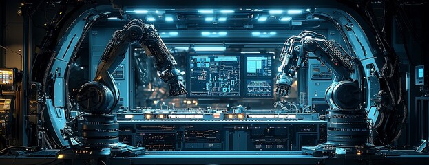 Futuristic control room with robotic arms and advanced technology.