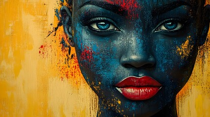 A woman with striking blue eyes and vibrant red lips, her face painted in rich dark tones that merge seamlessly with a textured, abstract background in shades of yellow and orange. 