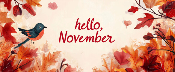 "Hello, November" text on light orange background surrounded by autumn leaves. Hello november written on illustration banner. Handwriten quote lettering design