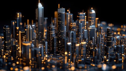 A vibrant cityscape of glowing blue and orange data points interconnected by dark grids lies under a black night sky dotted with distant lights