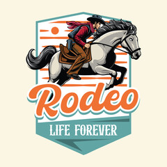 Rodeo Cowboy Life Forever Riding Horse in Western Vintage Vector Illustration for poster, flyer, social media, web pages, print media, greeting card, invitation, banner, t-shirt design