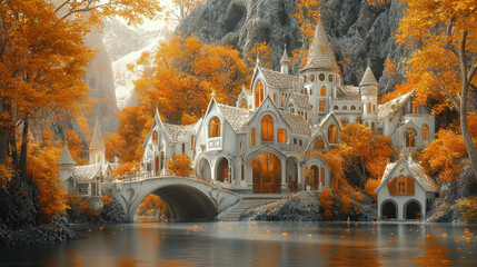 Obraz premium Village heroic fantasy d’elfes dans les montagnes avec murs blancs et toits marron