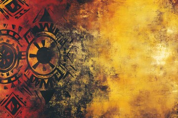 A deep, earthy reds and rich yellows with tribal-inspired circular and geometric patterns, evoking a sense of ancient symbolism. 