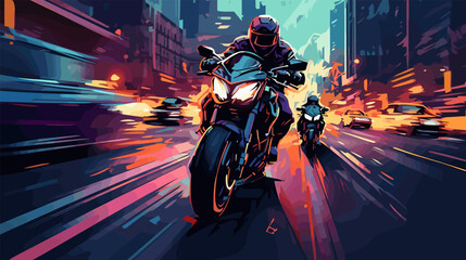 Fototapeta premium Two motorcycle riders accelerate through a colorful urban environment during nighttime. Riders speeding through a vibrant cityscape at night on powerful motorcycles