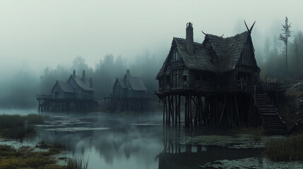 Obraz premium Village heroic fantasy de sorcières dans les marais brumeux