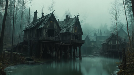 Fototapeta premium Village heroic fantasy de sorcières dans les marais brumeux