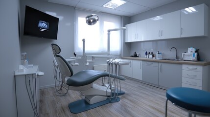 Modern dental office with a chair, sink, and equipment.