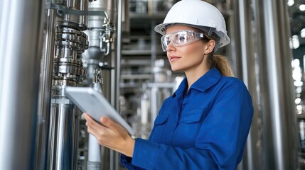The engineer, dressed in blue with a helmet, focuses on a digital display at an industrial facility, showcasing technical expertise