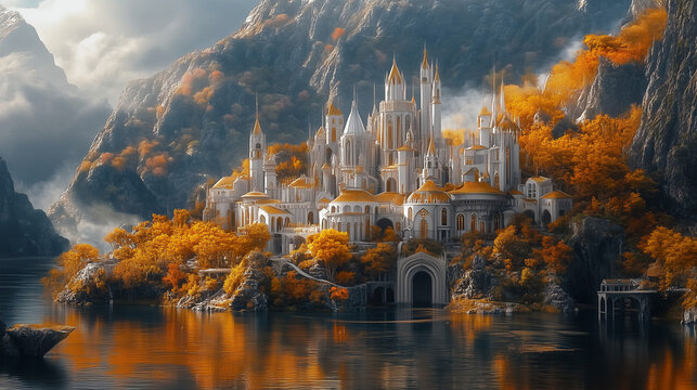 Village heroic fantasy d&rsquo;elfes dans les montagnes avec murs blancs et toits marron