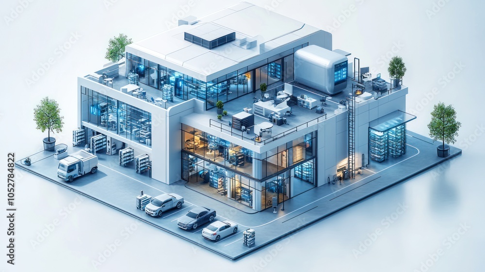Poster modern multi-level building with offices and dining spaces.