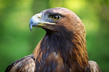  A close up of golden eagle potrait green forest background 