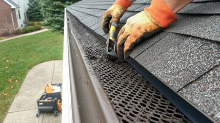 Cleaning gutters is essential for home maintenance, as shown in this close up image of worker using tool to remove debris from gutter. focus on hands and detailed texture of materials highlights