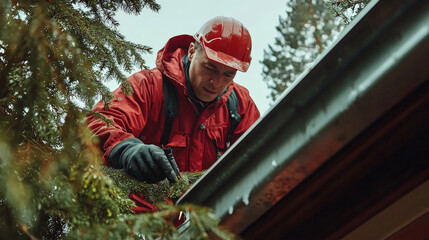 Close up of worker in red jacket and helmet cleaning gutter, surrounded by trees. focus is on meticulous task of maintaining gutter system, showcasing dedication and attention to detail