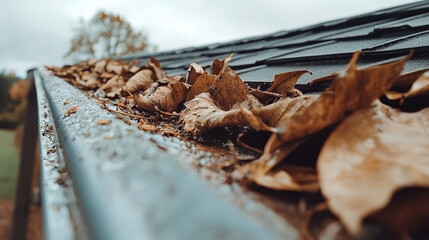 Fototapeta premium Removing decomposed leaf matter from gutter can prevent water damage and maintain integrity of roof. Regular maintenance is essential for healthy home