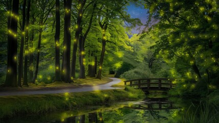 Obraz premium Enchanted forest path illuminated by fireflies at dusk