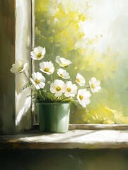 potted plant white flowers windowsill buttercups sun nature study glazing bright sunshine mint expressive emotional piece anemone
