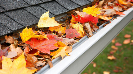 Autumn leaves accumulate in gutter, showcasing vibrant colors of red, orange, and yellow. This seasonal change highlights need for regular maintenance to prevent clogs