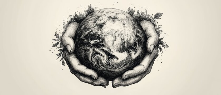 Doodle style hands embracing a planet surrounded by nature's elements