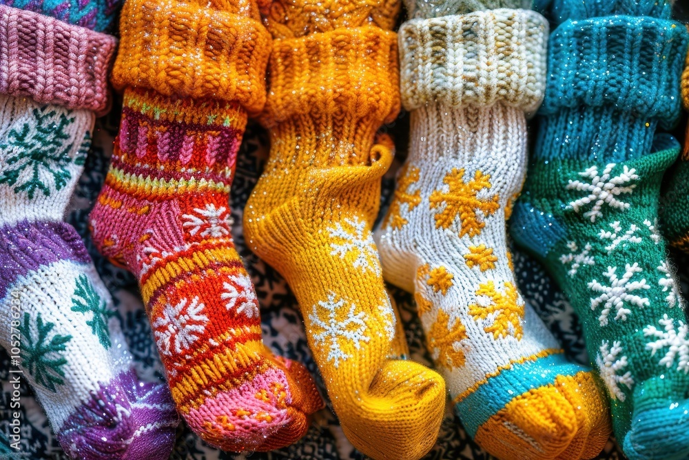 Poster a row of colorful knitted socks with snowflakes on them