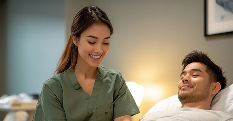 Fototapeta premium A smiling massage therapist in a green uniform delivers a soothing massage to a male client in a tranquil spa room, highlighting wellness and relaxation.