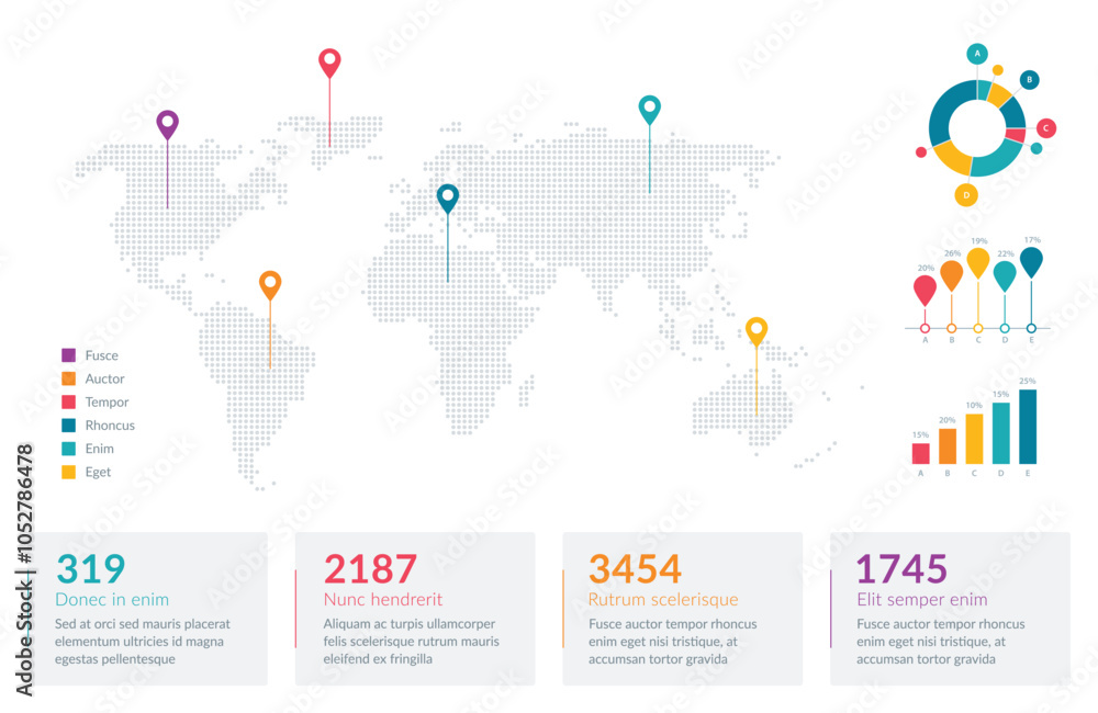 Poster infographic displaying global data through diverse charts, graphs, and a world map. perfect for pres