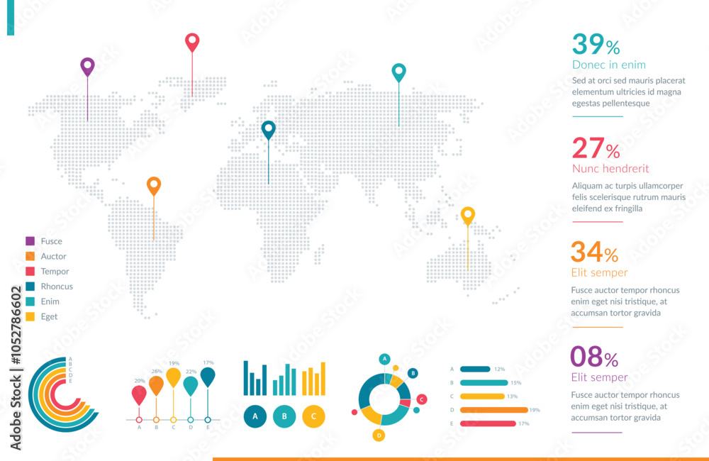 Poster infographic displaying global data through diverse charts, graphs, and a world map. perfect for pres