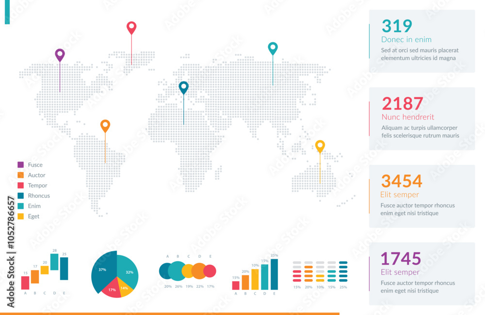 Poster infographic displaying global data through diverse charts, graphs, and a world map. perfect for pres